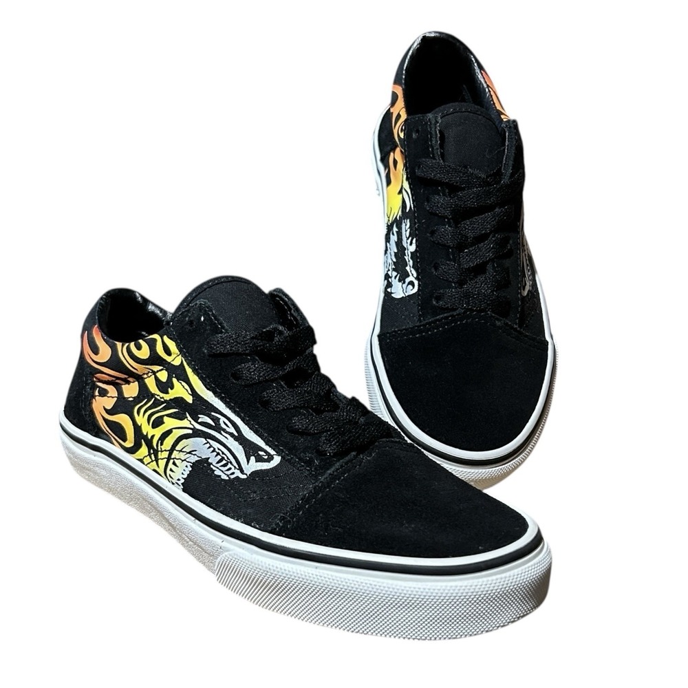VANS Old Skool Low Top Sneakers Youth 3 Flame Lion Shark Canvas Black Suede